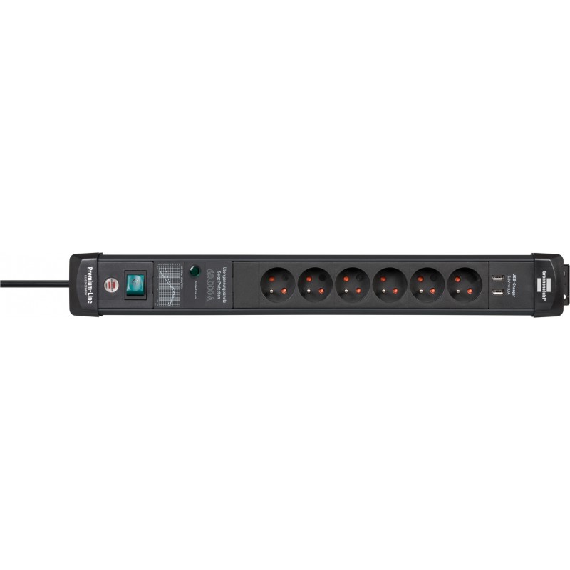 Premium-Line 60.000A listwa przepięciowa z funkcją ładowania USB 6-gniazda czarna 3m H05VV-F 3G1.5